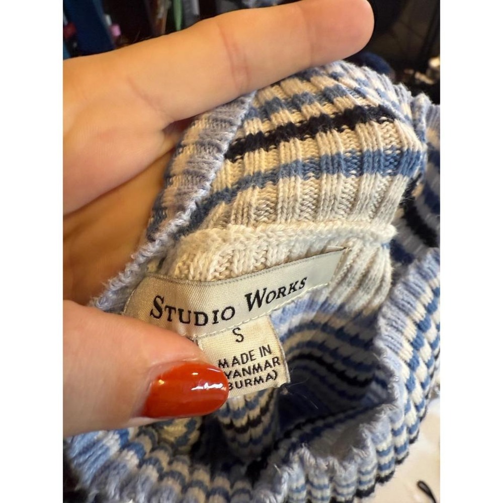 Studio Works Blue White Black Striped Mock Neck Long Sleeve Knit Sweater Size S - Picture 3 of 4